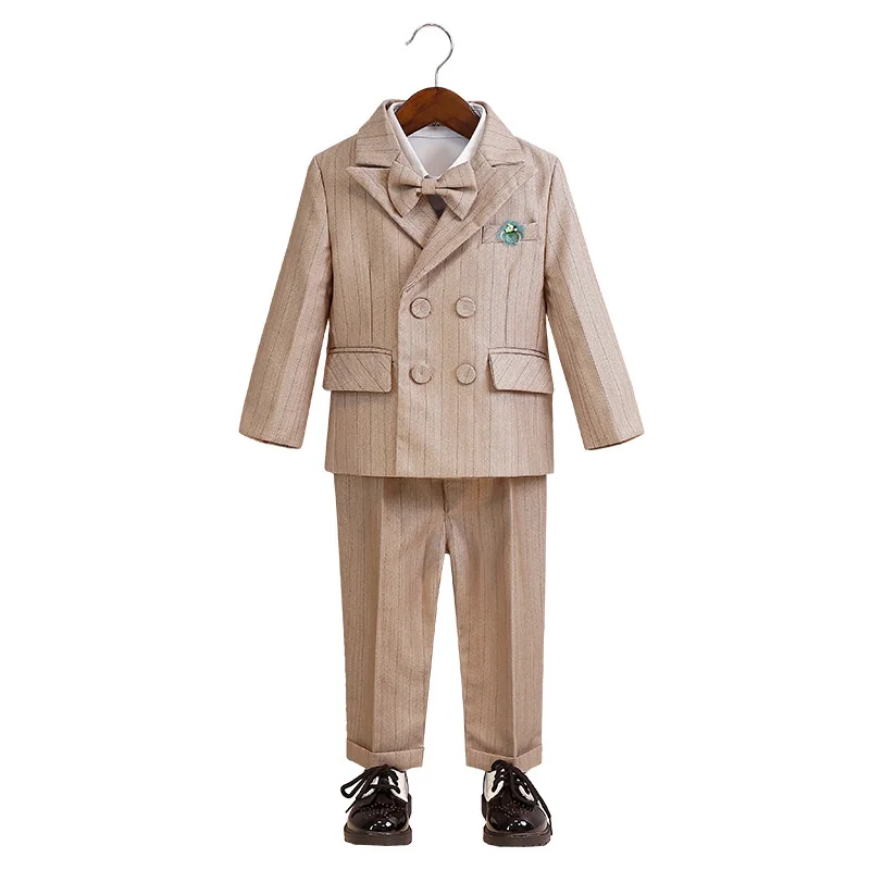 

Children's Khaki Striped Suit Set Boy's Suspenders Long Shorts Vest Shirt Bowtie Clothes Kids Wedding Birthday Party Costume