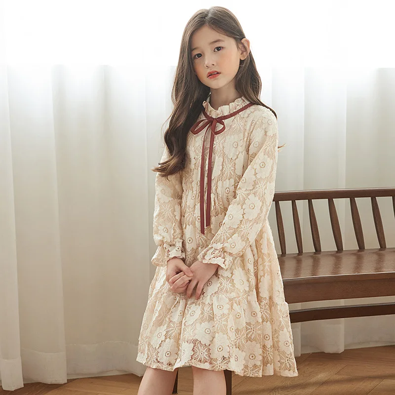 2024 Spring Autumn Winter Baby Girls Long Sleeves Casual Dresses 3-11Years Korean Version Kids Upscale Lace Princess Dress