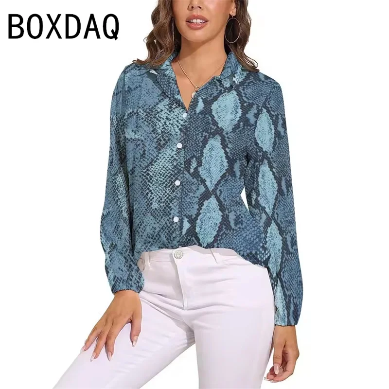 

Синяя винтажная блузка с принтом змеиной кожи, женские весенне-летние блузки с лацканами и длинными рукавами, модная женская классическая рубашка OL
