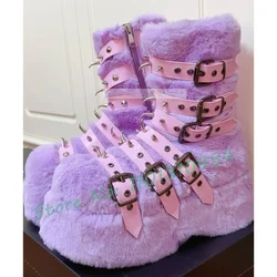 Purple Furry Platform Short Boots Women Sweet Multi Buckle Straps Lolita Shoes Girl's Luxury Long Studded Round Toe Punk Boots