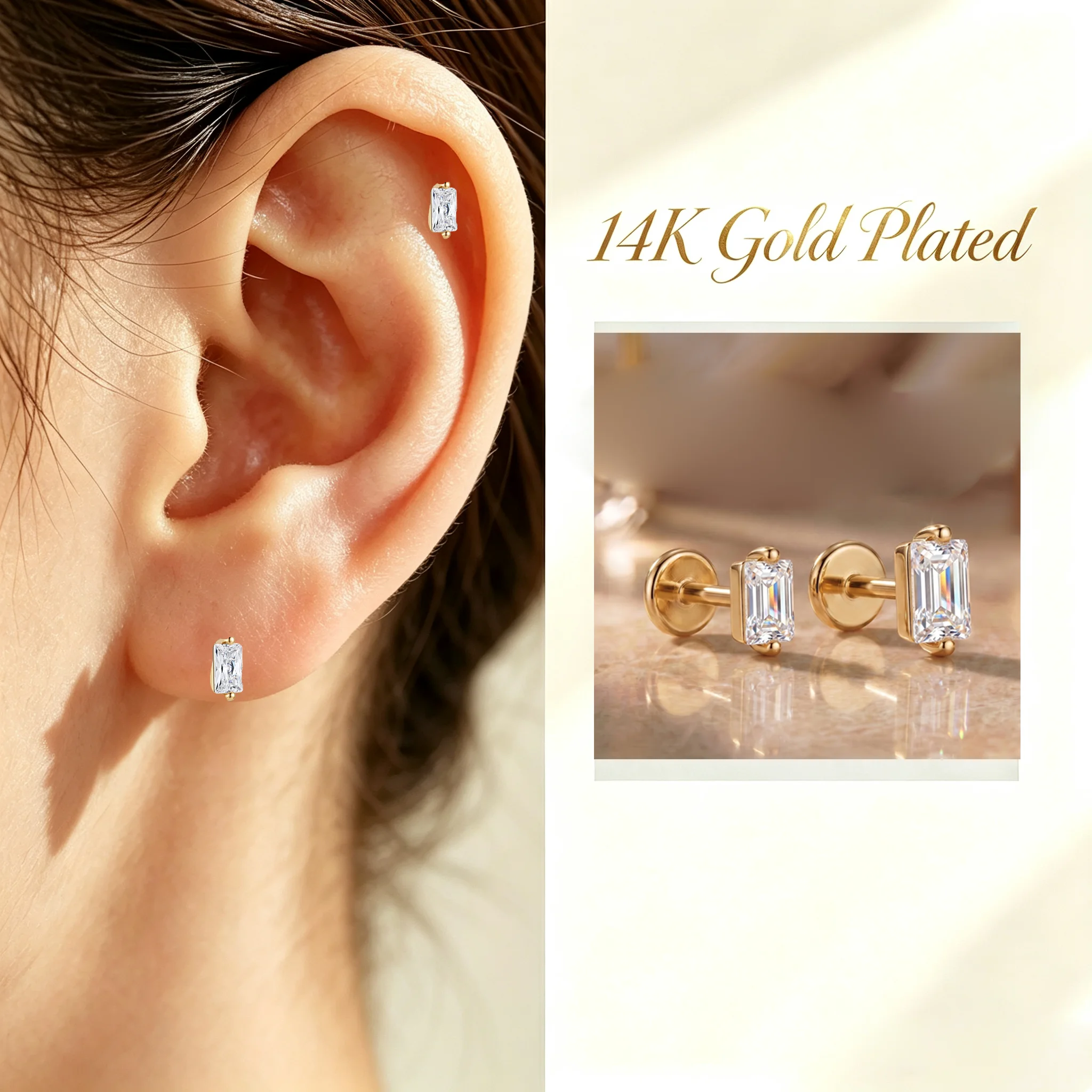

CANNER 14K Solid Gold Flat Helix Piercing Earring Horse Eye studs For Women Threaded Puncture Ear Bone Ins Fine Jewelry Gift
