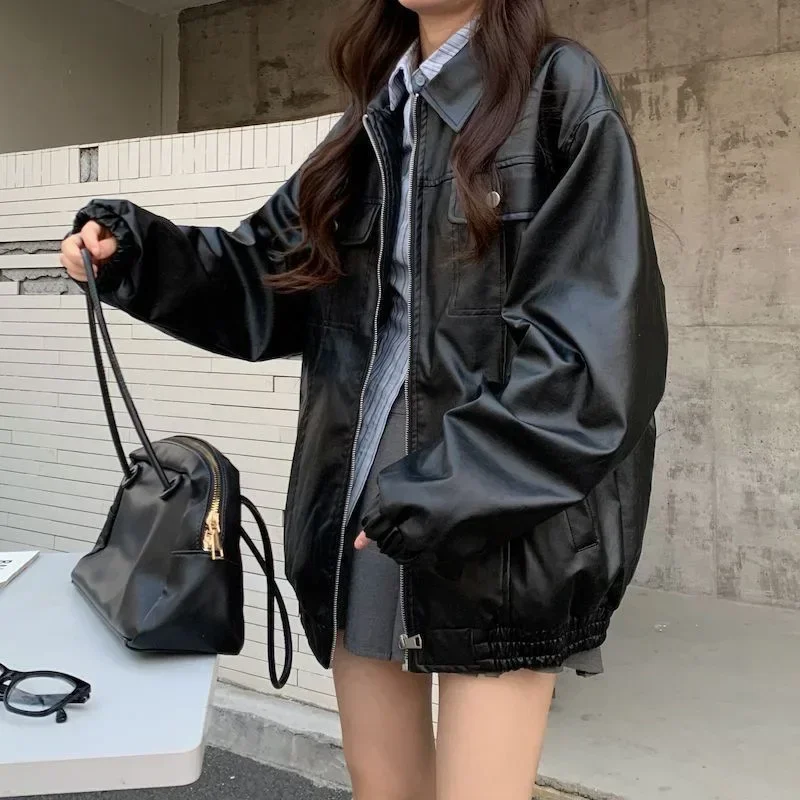 Vintage Black Leather Jacket Women Moto Biker Zipper Jackets Oversize Gothic Style Motorcycle Coats Korean Streetwear