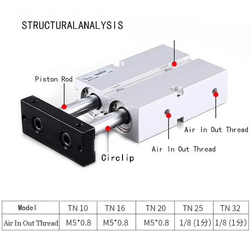 Double Rod TN Type Double Pneumatic Cylinde Bore 10/16/20/25/32mm Aluminum Alloy Stroke 30 35 40 45 50 60 70 75mm Air Cylinder