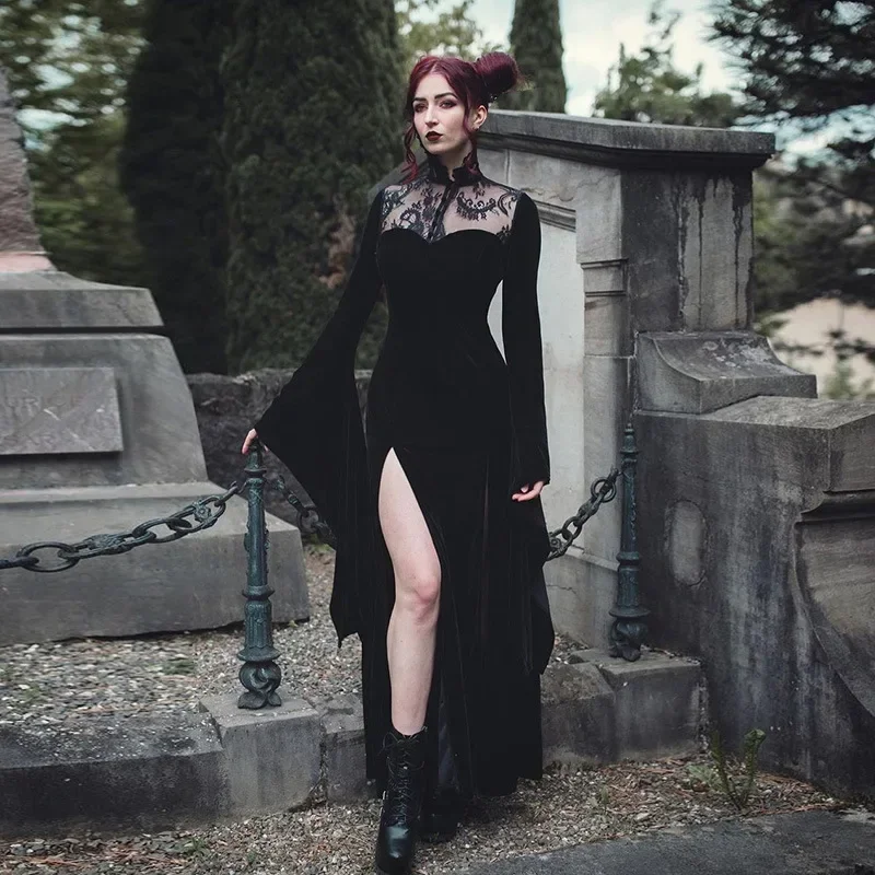 

CosplayWomens Medieval Black Gothic Lace Mesh Maxi Dress Flared Long Sleeve Slit Elegant Velvet Dresses Costume Witch Cosplay
