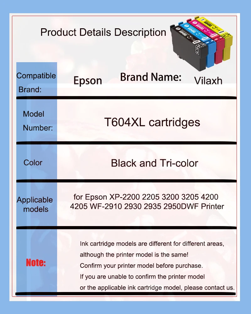 Compatible 604XL T604XL T604 604 Ink Cartridge for Epson XP-2200 2205 3200 3205 4200 4205 WF-2910 2930 2935 2950DWF Printer