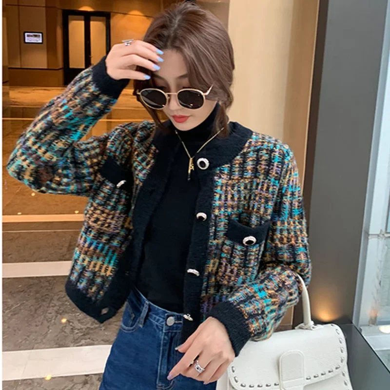 

Женский шикарный укороченный кардиган с длинными рукавами, модный разноцветный вязаный кардиган, женский однобортный свитер с круглым вырезом, пальто