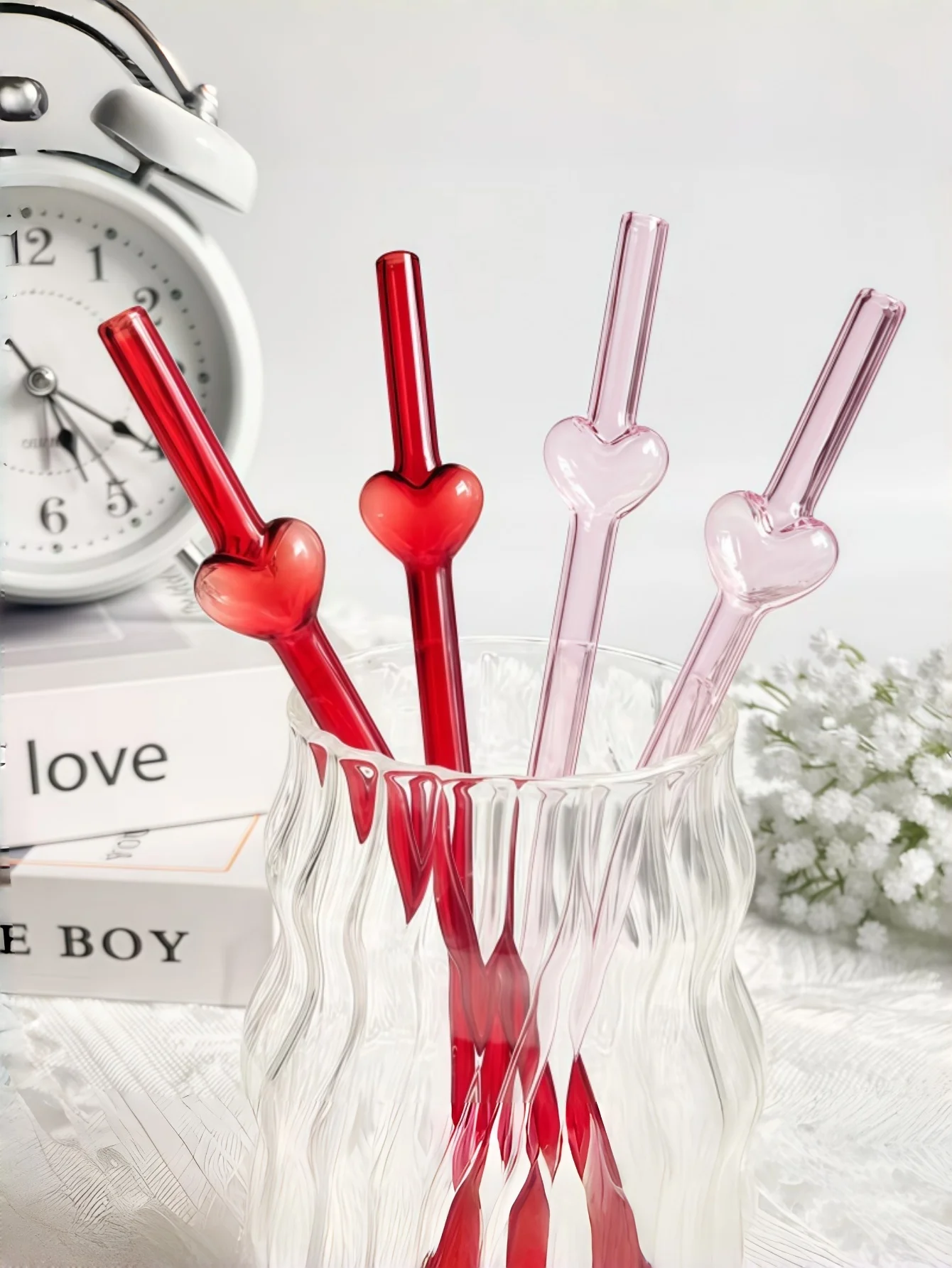 1/3/5PCS Heart Straight Straw, Love Symbol, Reusable Glass Straw, Kitchen Accessories, Gift, Party Supplies