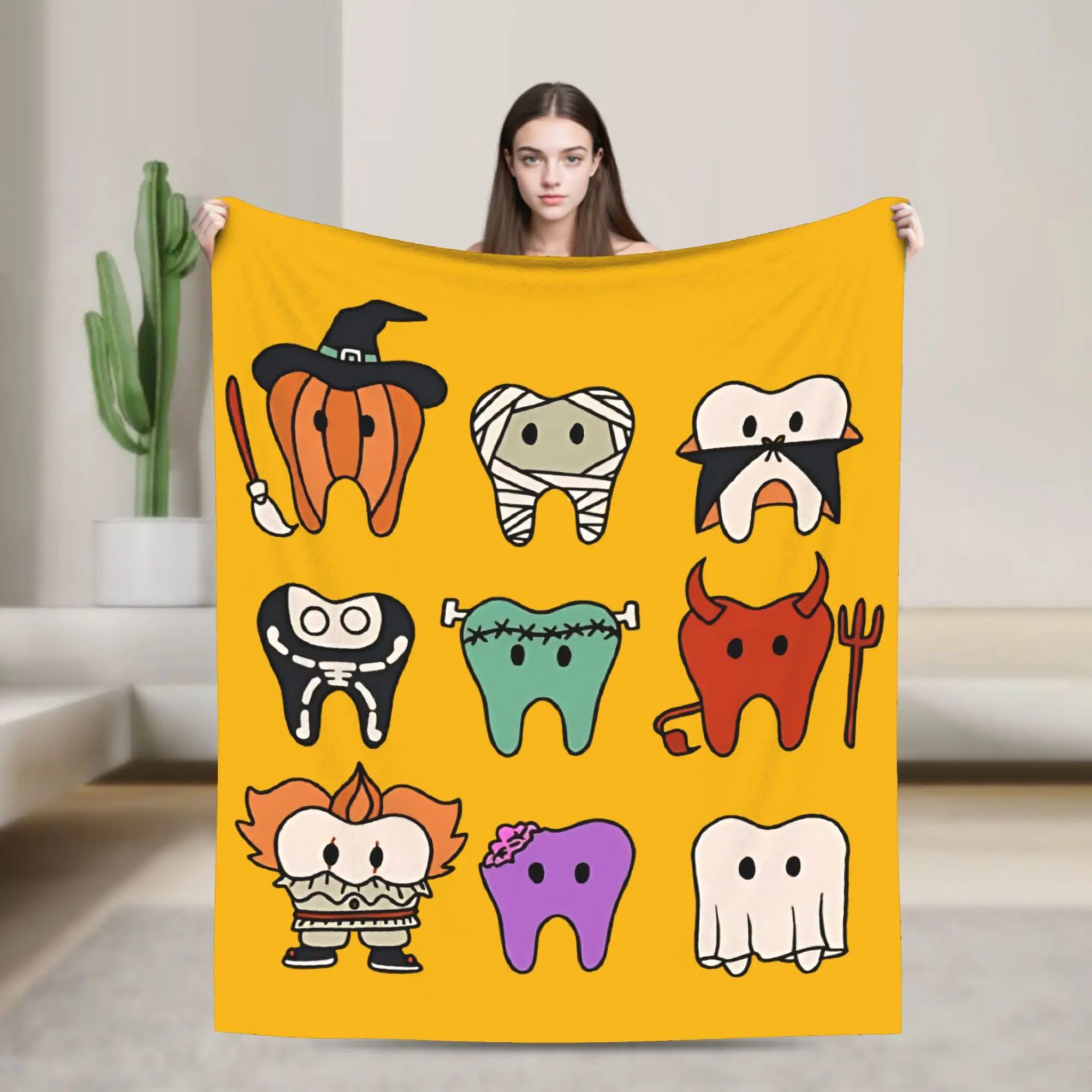 Cute teeth dressed up Blanket Cartoon Teeth Helloween Fleece Throw Blanket Bed Sofa Printed Soft Warm Bedsprea,