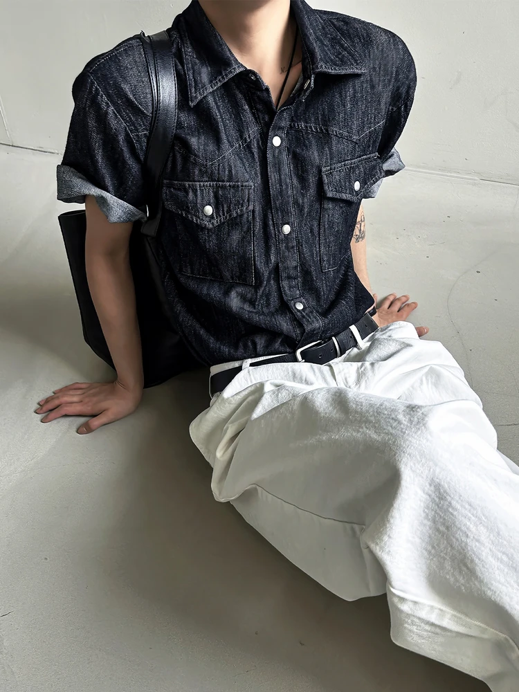 

American Retro Waed Denim ort Sve irt Men's Summer Thin Trendy Loose Haome Casual irt Jaet Top