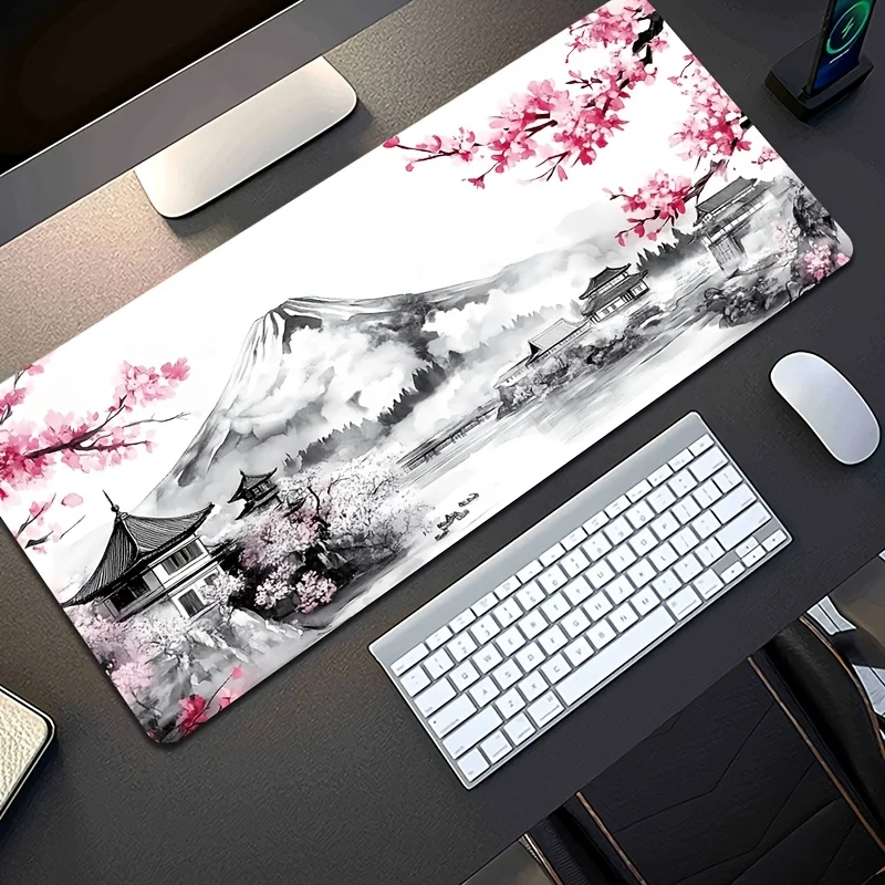 Japanese Ink Painting Cherry Blossom Mount Fuji Large Desk Mat  Mouse Pad Non-slip Rubber Keyboard Pad Gaming Table Mat Office