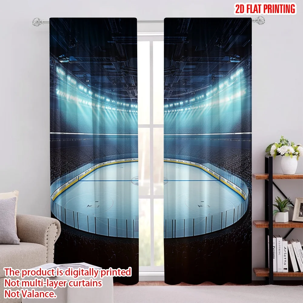 

2Pcs 2D Flat PrintingHockey Curtains A Sports Arena Full Of People Fans Audience Tournament Championship Match Living Room