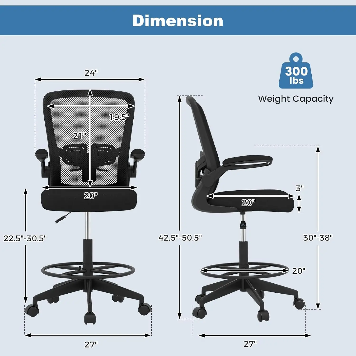Adjustable Height Drafting Chair with Armrest & Footrest Ring, Ergonomic Tall Office Chair for Standing Desk, Black, Customized