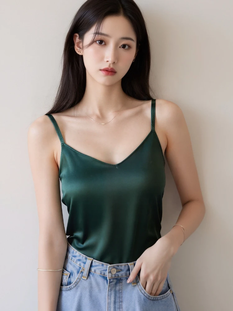 2026 Summer Camisole Spaghetti Strap Top Halter V Neck Basic White Camis Sleeveless Satin Silk Women Tank Tops