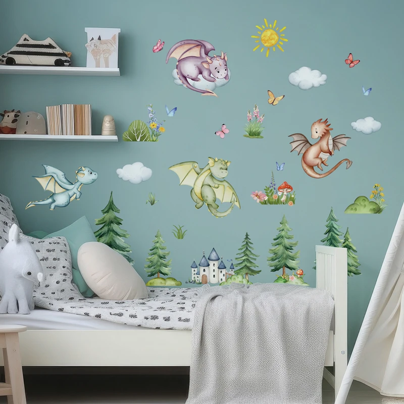 Bigger Jurassic Animal Forest Wall Decals Cartoon Dinosaur Butterfly Clouds Vinyl Stickers Home Decoration for Kids Room Bedroom