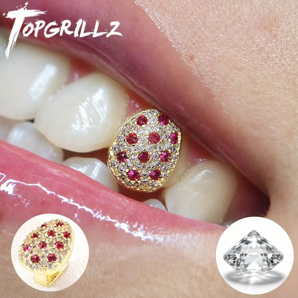 TOPGRILLZ Mixed Pink & Clear CZ Oval Single Tooth Grillz Inverted Pink Stone Iced Out Hip Hop Tooth Cap with Beads Men Women