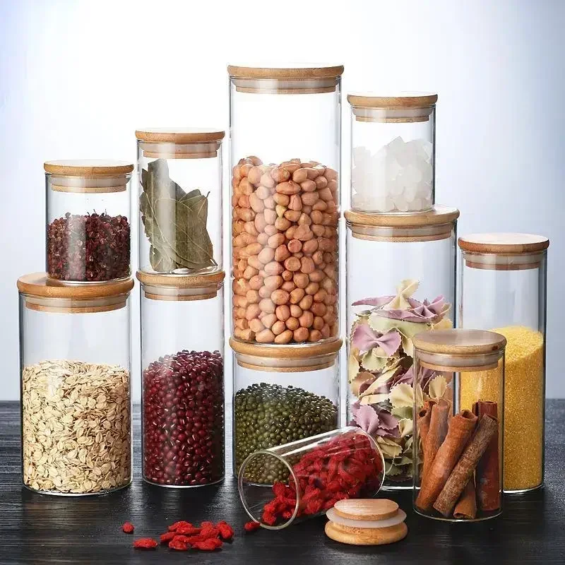 

Sealing Kitchen Grain Tea Mason Storage Tank With Bamboo Cover Glass Jars For Spices Condiments Organizer Airtight Container