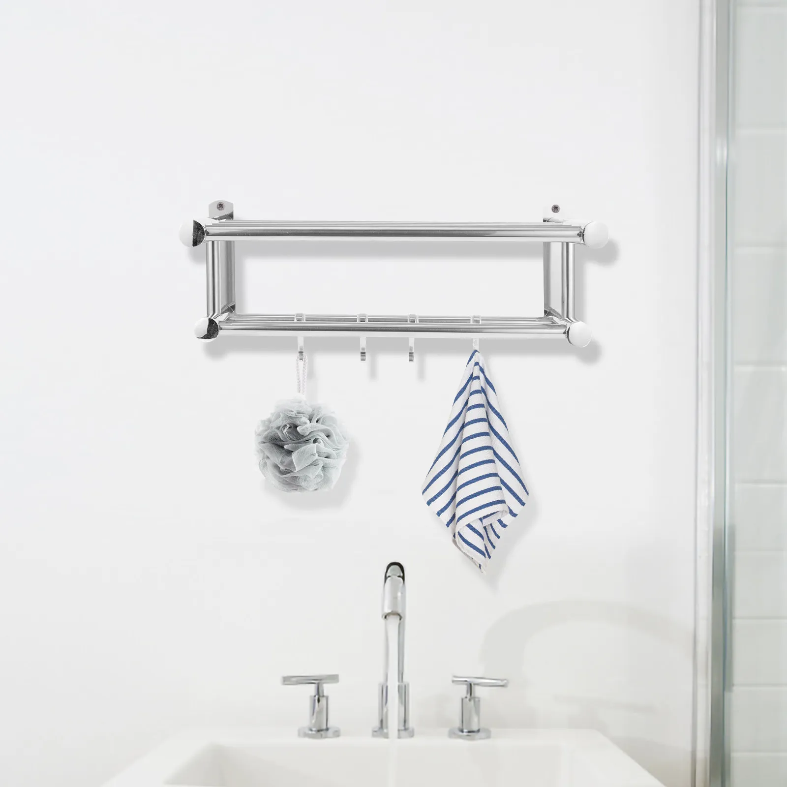 

Stainless Steel Wall Mounted Towel Rack Bathroom Shower Organizer Shelf Hanging Basket Organizer for Bathroom Kitchen Storage