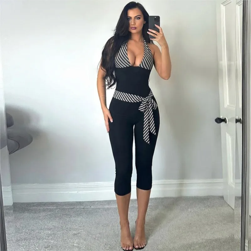 MsChuh Bodysuits Women's Clothing Jumpsuits For Woman Jumpsuit Commuting Sexy Retro Hot Girl Style Neck Halter Striped Contrast