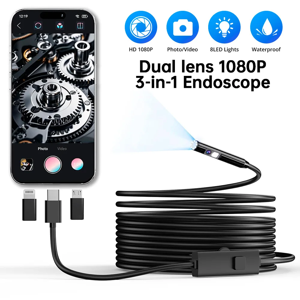 Industrial Endoscope Camera 2MP Single/Dual Lens Mini Inspection Camera for Type C Iphone Waterproof Pipeline Borescope