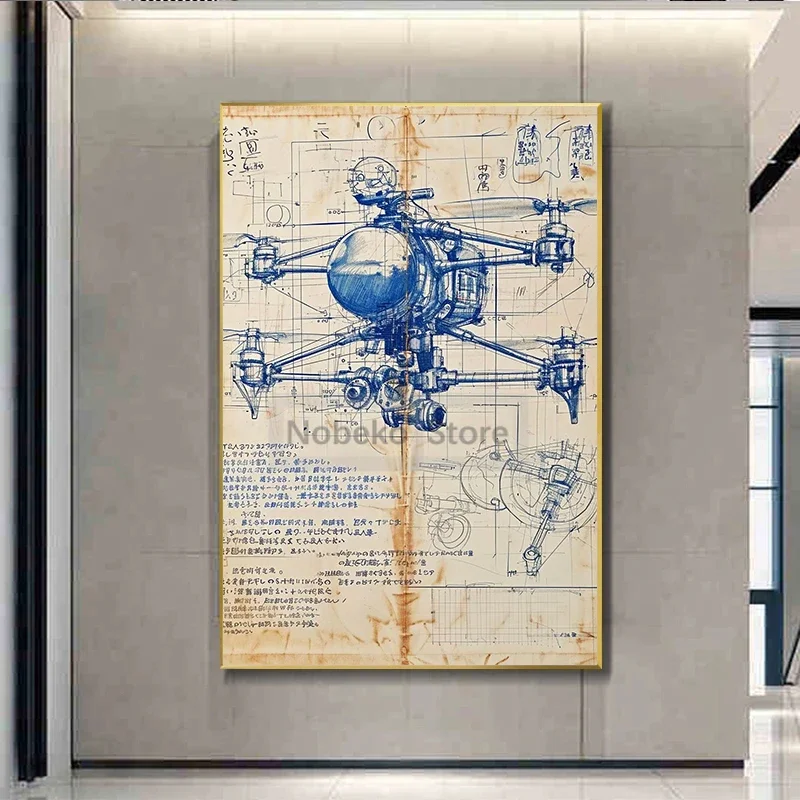 Painting Wall Art Pictures Home Room Decor Design Enthusiasts Gift Drone Ancient Script Blueprint Retro Poster Prints Canvas
