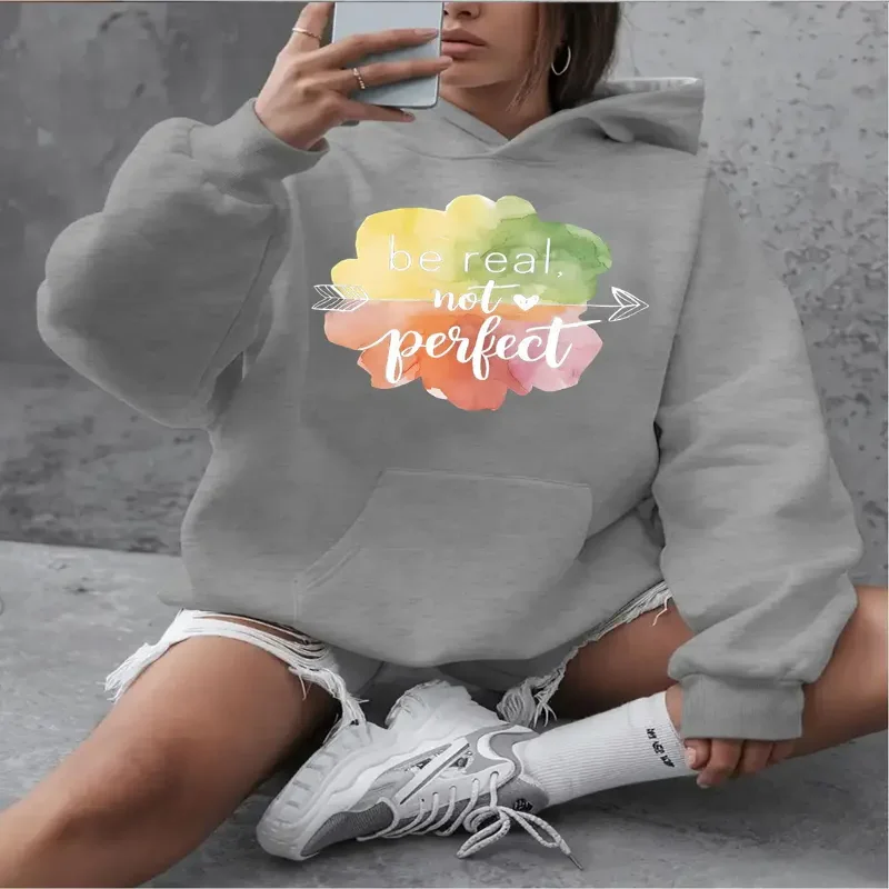 

Женская толстовка с капюшоном Be Real Not Perfect с мотивационным принтом, красочный абстрактный дизайн, карман-кенгуру, которую можно стирать в машине, повседневная повседневная одежда