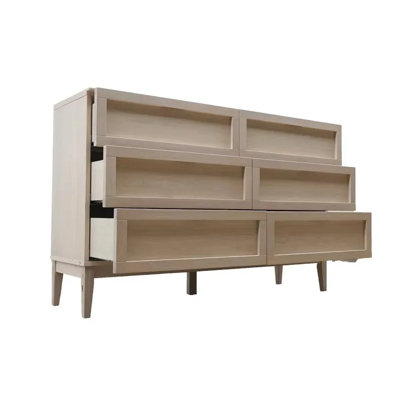 Modern Oak Veneer Sideboard with 6 Soft-Closing Drawers and Open Shelf for Living Room Storage Buffet CABINET