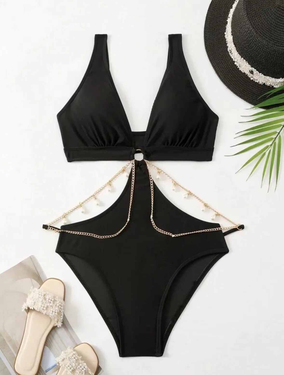 sexy beads metal chain black hollow out swimsuit one piece bikinis thong swimwear bodysuits women biquini bathing suits tankini