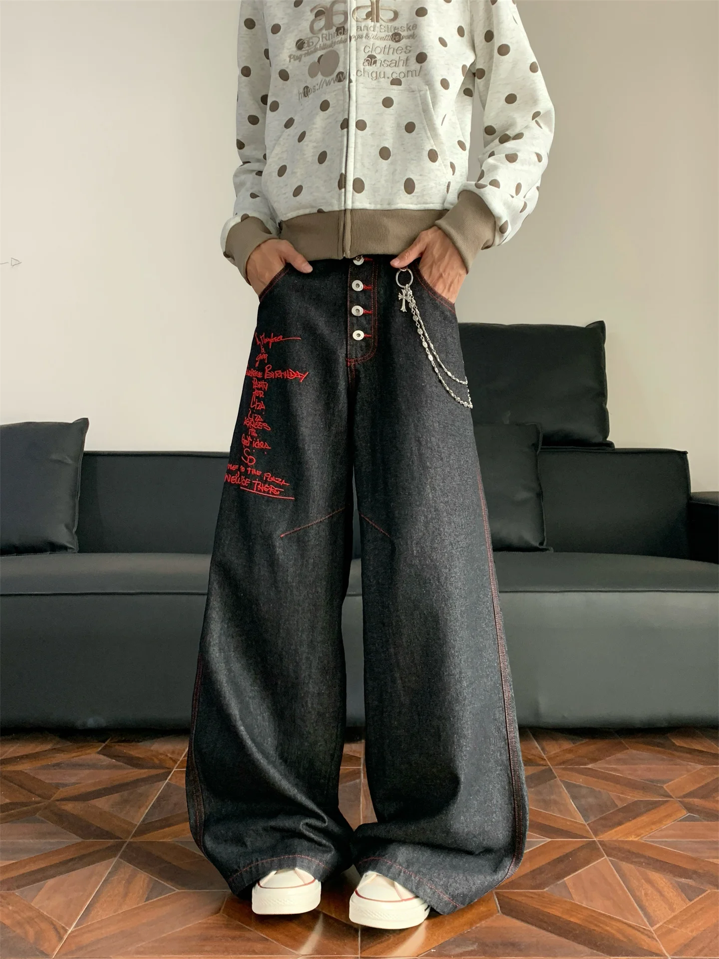 

Мужские джинсы в американском ретро-стиле с вышивкой, свободные прямые брюки на пуговицах для осени и зимы, уличный стиль