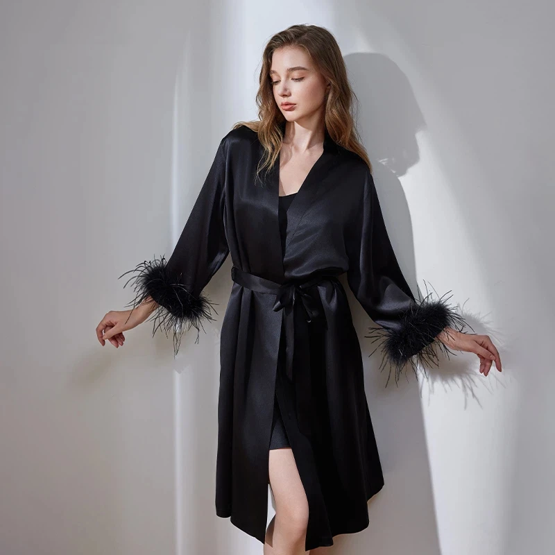 

Women's 19 Momme 100% Mulberry Silk Robe Detachable Feather Sleeve Kimono Housecoat Luxury Winter Loungewear and Bridal Bathrobe