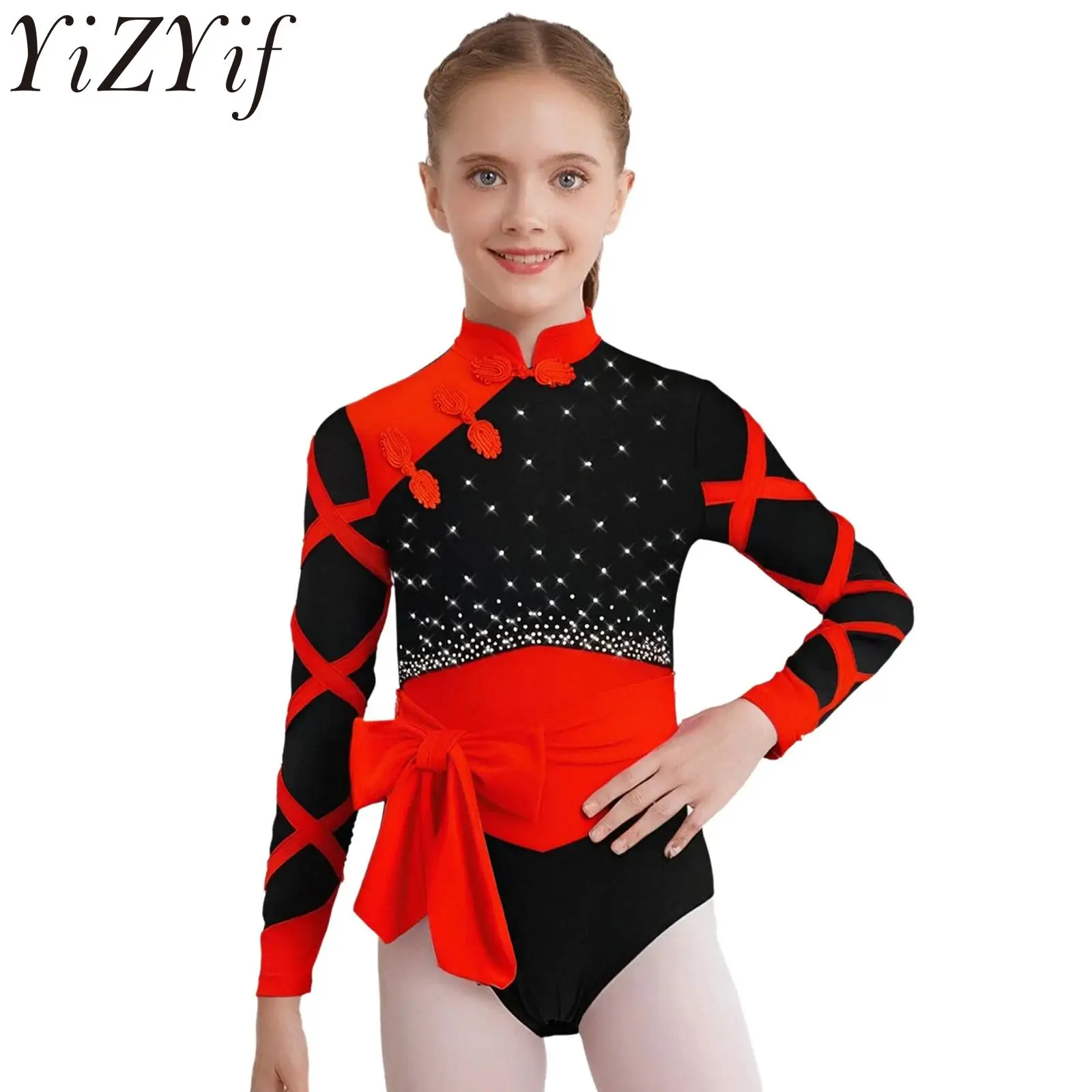 Body per bambina, stile cinese, balletto, ginnastica, danza, nodo, bottoni, colletto alla coreana, body con cintura, manica lunga, abbigliamento da ballo