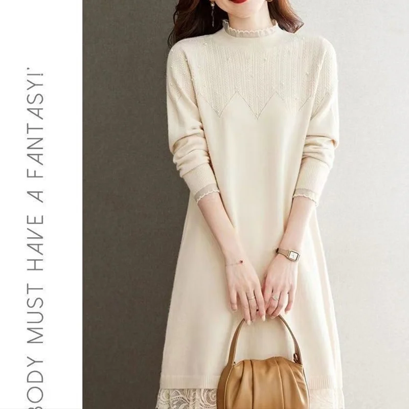 السيدات مزاجه الماس نصف الارتفاع طوق كم طويل ميدي فستان الخريف الشتاء خمر الحياكة س الرقبة فستان أنيق المرأة #5