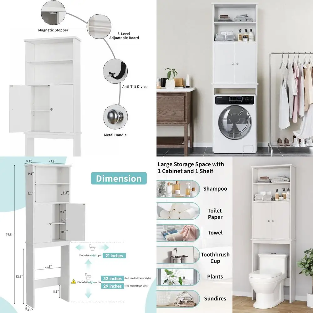 

White Adjustable Over-Toilet Storage Cabinet with Anti-Tip Feature and Open Bottom Shelves