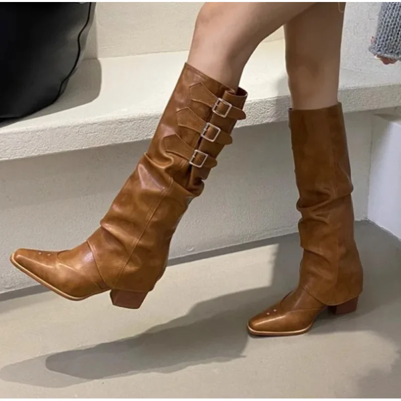 Women's Winter Vintage Boots Western Cowboy Boot Fashion Pointed Toe Long shoe Ladies Elegant Chunky Heels Removable Woman Shoes