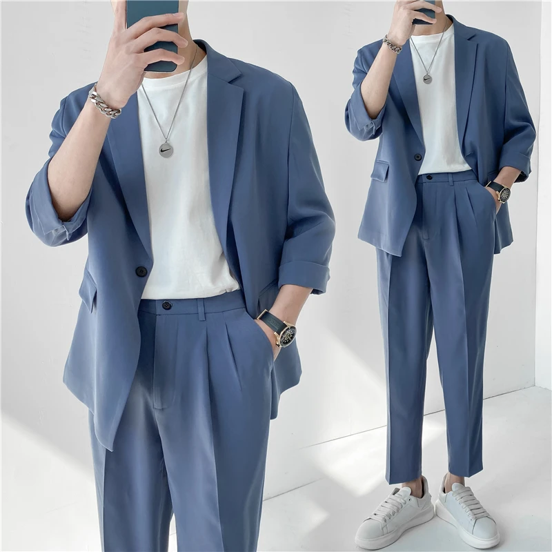 Conjunto de 2 piezas de moda de verano para hombre, traje holgado de un solo pecho, informal, sencillo, para estudiantes, (Blazers + Pantalones), 2022