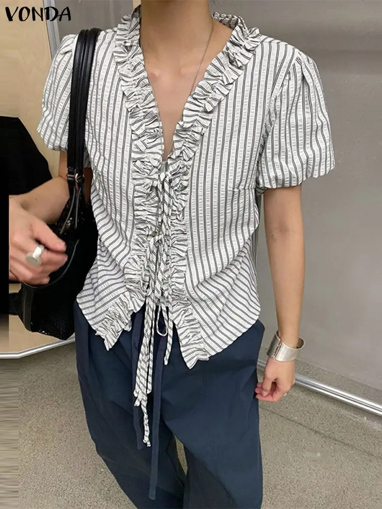 

VONDA Sexy Ruffled Tops Elegant Striped Shirts V-Neck Women Blouse Short Puff Sleeve 2025 Fashion Casual Bandage Korean Blusas