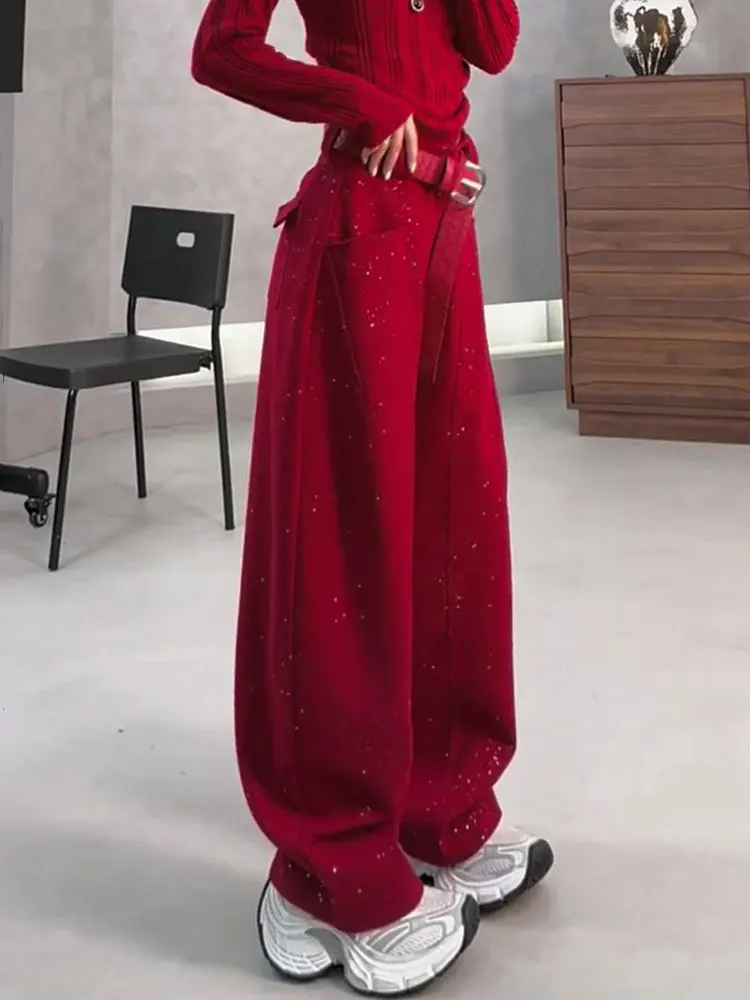 

Модные красные широкие брюки для женщин, свободные, с высокой талией, стройнящие, струящиеся, повседневные, длинные, удобные, прямого кроя