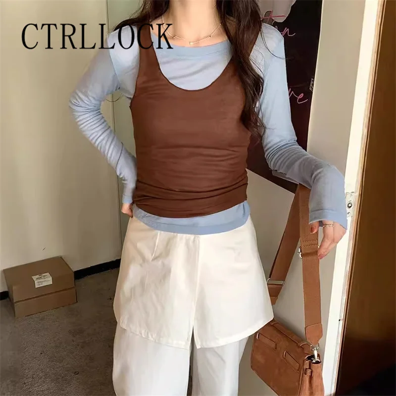 New Basic O-neck Long Sleeve T-shirt And Square Collar Vest Two-piece Tee Set For Women Autumn