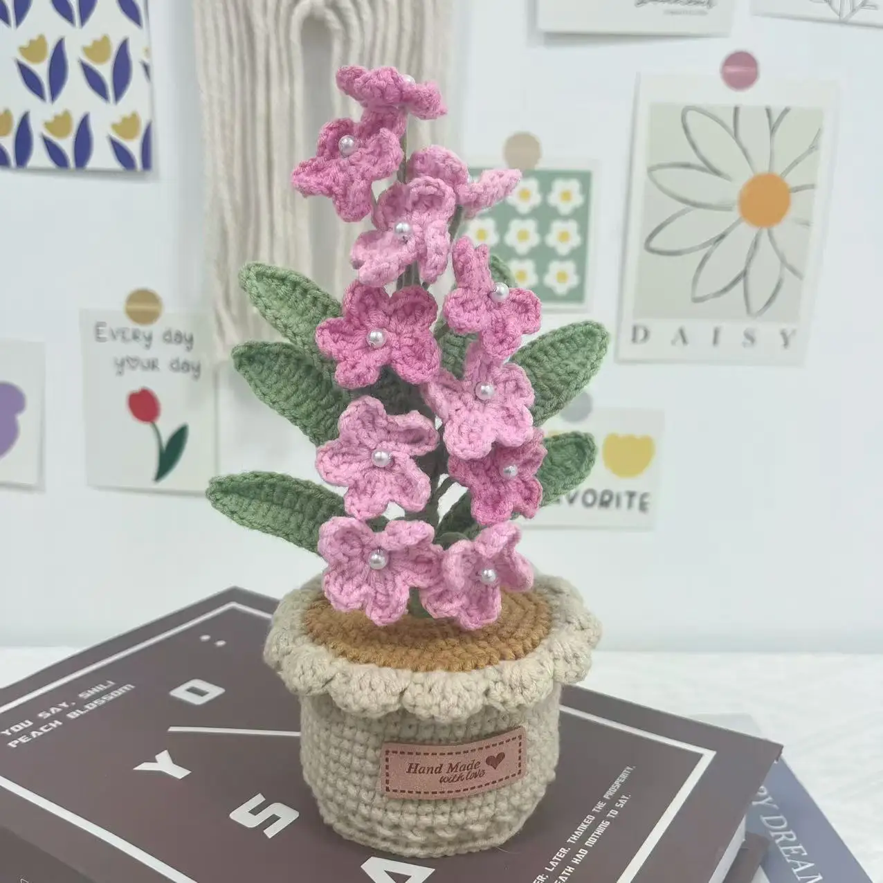اليدوية الكروشيه زهور الصوف Myosotis Sylvatica اناء للزهور ديكور المنزل الزفاف الديكور هدية عيد