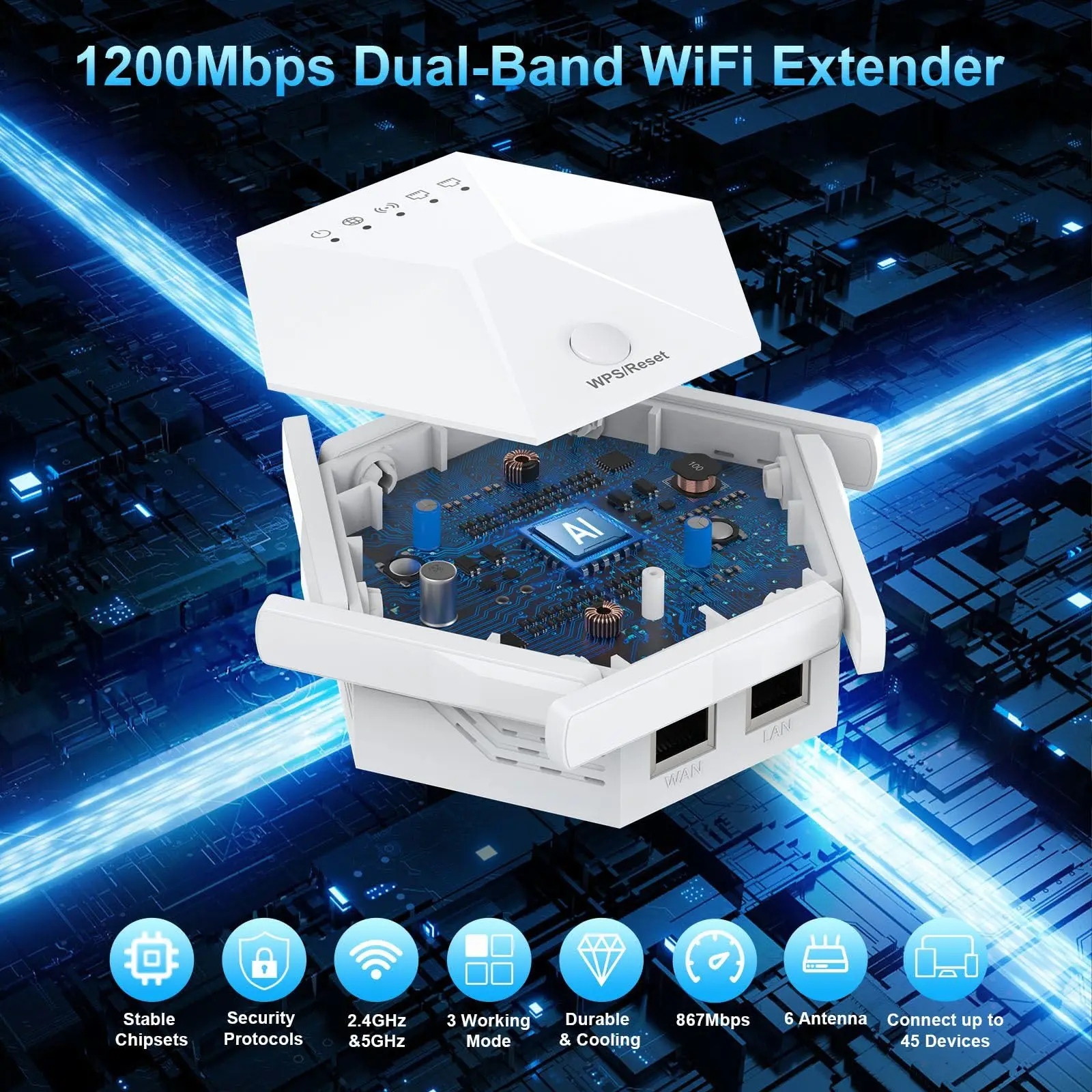 WiFi Extender Signal Booster for Home Powerful 6 Antennas WiFi Booster Dual Band 5G/2.4GHz Wireless Internet WiFi Repeater