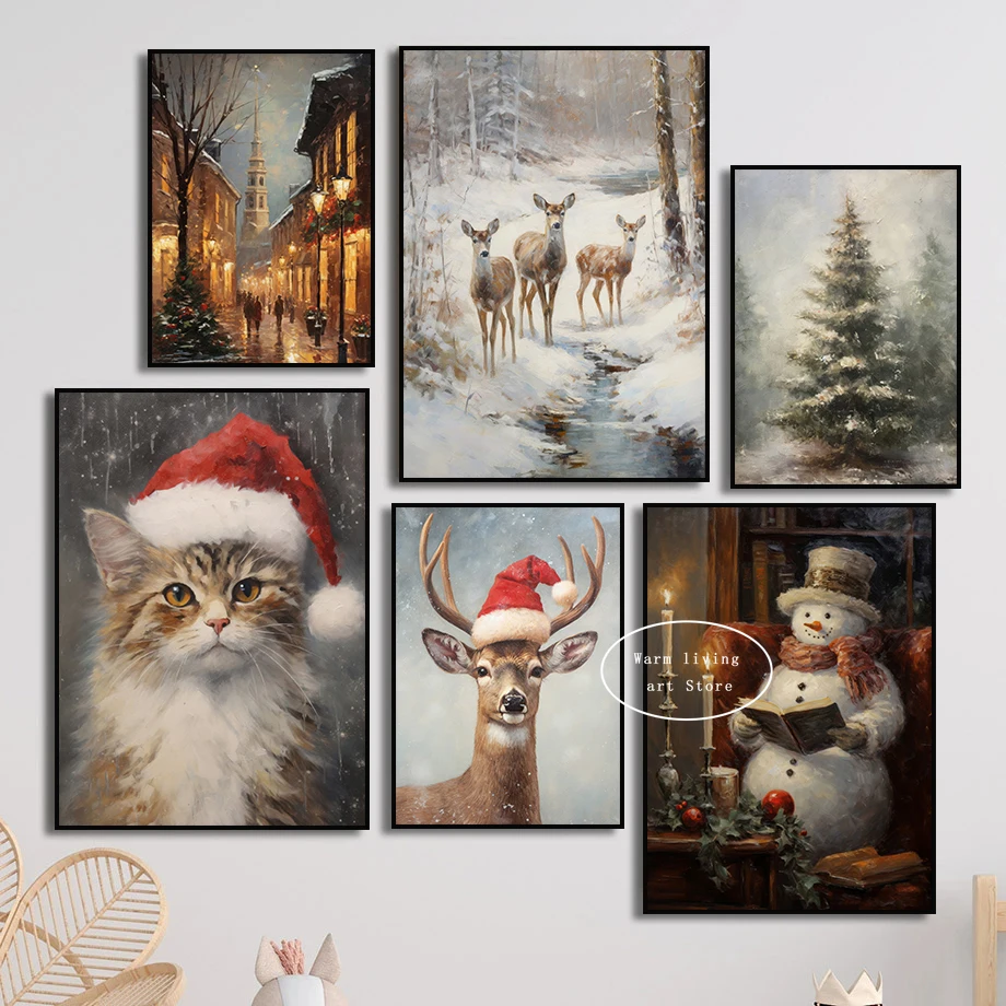 Christmas Santa Claus Country Farmhouse Elk Cat Snow Tree Forest Canvas Painting Winter Landscape Poster Print Room Home Decor