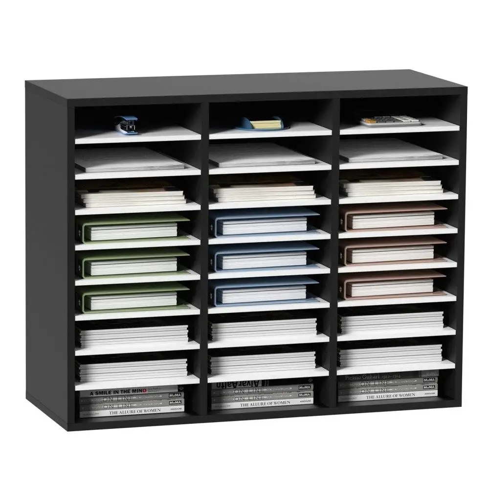 Wooden Literature Organizer File Holder with 27 Slots for Paper Storage Black