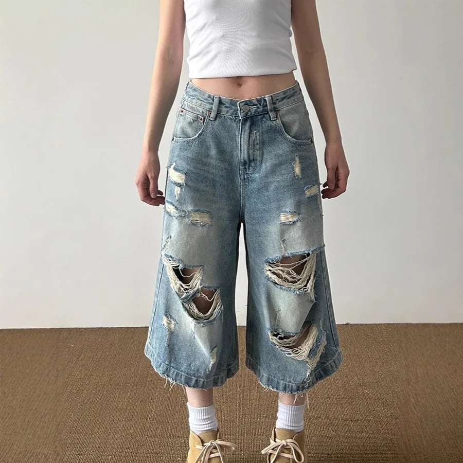 American Retro Washed Distressed Cat Whiskers Denim Capri For Men And Women New Trendy Loose Design Pants