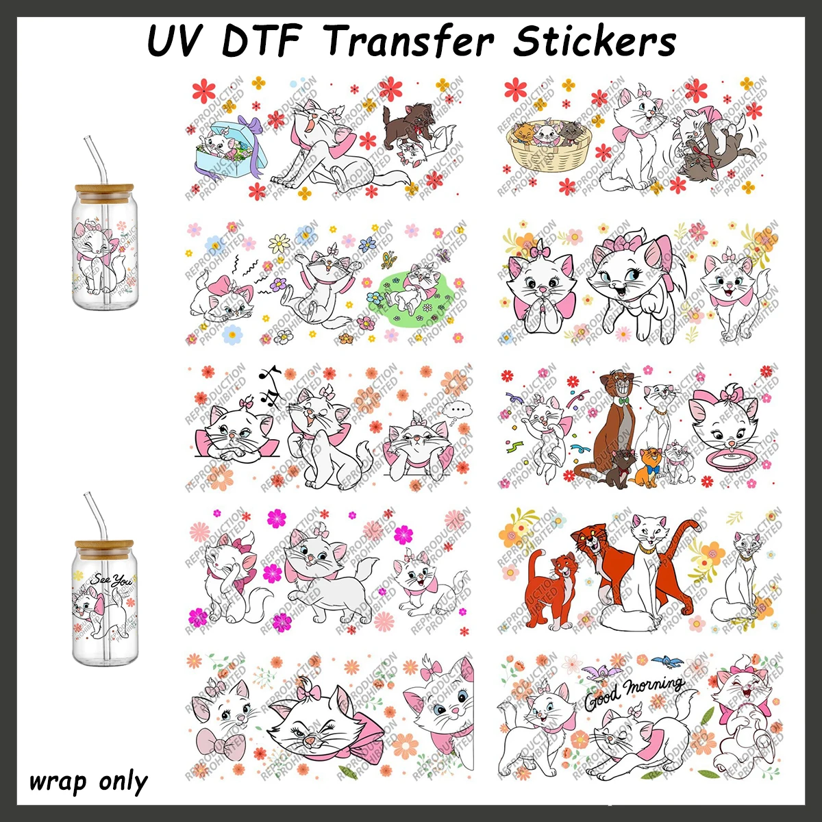 Retro Cartoon Cat Tumbler Glass Wrap Decals Easy to Apply White Kitten with Pink Bow Libbey Glass Transfer Stickers DIY Decal