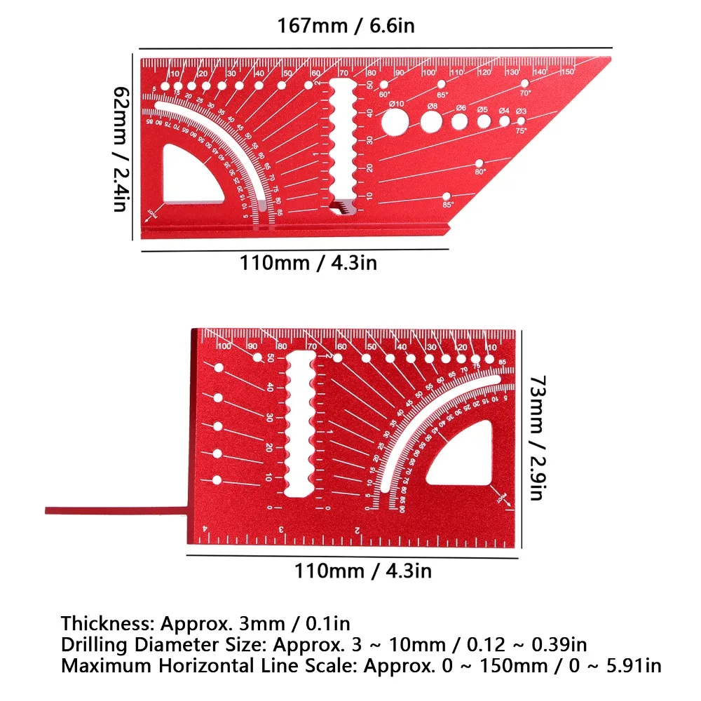 Aluminum Alloy 3D Multi-Angle Measuring Ruler 45 and 90 Degree 6.6 Inch Size Mitre Angle Measuring Tool