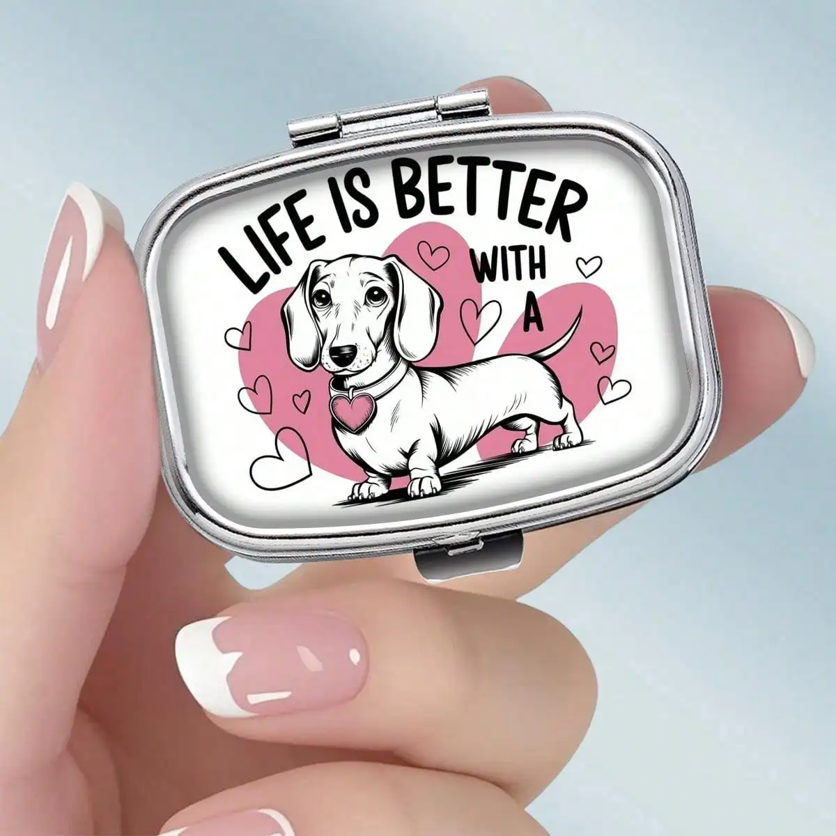 Hand-Painted Dachshund Illustration with Warm Text - Metal Pill Box - Square Double-Compartment Portable Medicine Organizer/Vitamin Storage Box, Very Suitable for Travel or as a Decorative Gift. Lightweight Design, Specifically Designed for Daily Medication Use.