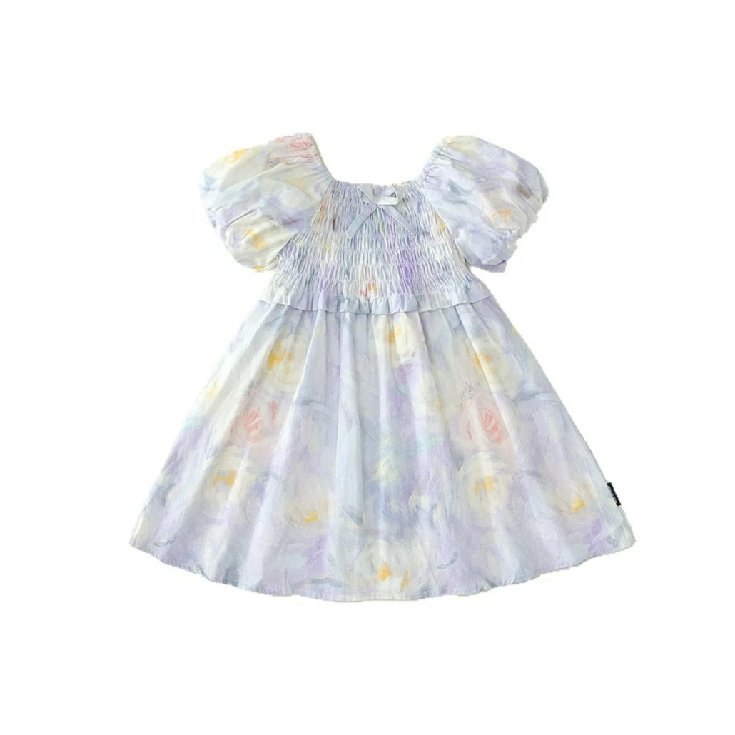 2026 Girls Country Chic Sweet Pastel Floral Dress Children Clothing Summer New Style Square Neck Puff Sleeve Kids Dress