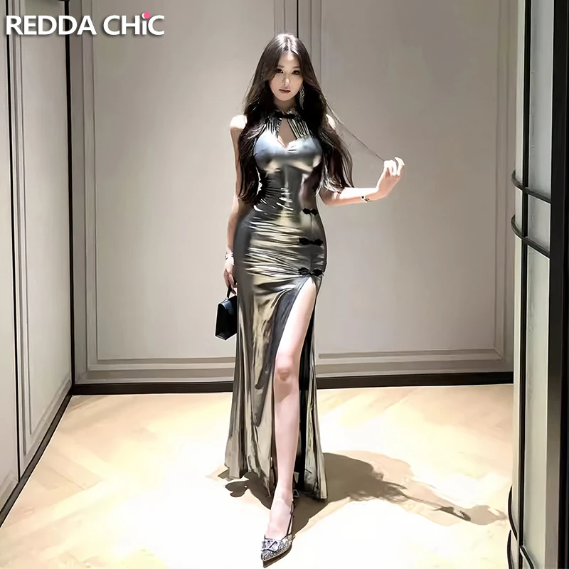 

ReddaChic Silver Split Long Dress Women Chinese Cheongsam Metallic Cut Out Sleeveless Fishtail Bodycon Party Summer Y2k Clothes