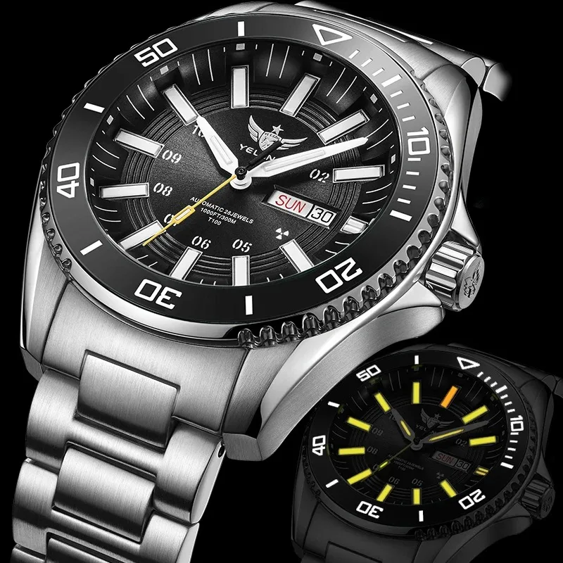 ساعة ييلانج الرجالية المضيئة أوتوماتيكية ميكانيكية يابانية 24 جواهر ياقوت WR300M أسبوع إنجليزي صيني قرص دوار