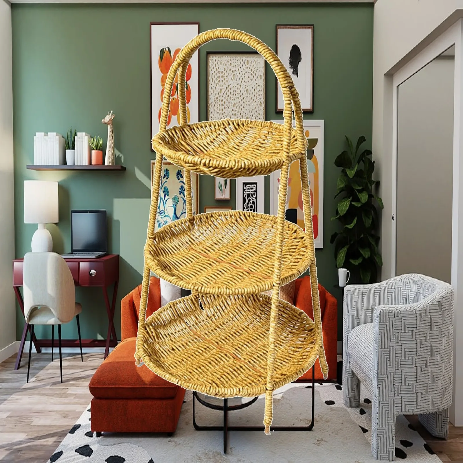 Basket with Handle Handwoven Wicker Fruit Tray Woven Snack Holder Multi-Purpose Wicker Basket Versatile for Kitchen Counter