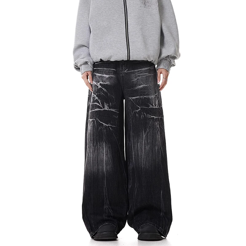 Calças Jeans Pretas Lavadas Estilo Americano Retro para Homens e Mulheres, Soltas, de Perna Larga, Comprimento até o Chão, pa...